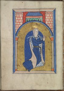Folium 028v from the Psalter of Eleanor of Aquitaine (ca. 1185) from the collection of the Royal Library of the Netherlands. The illumination shows Donor portrait - A noble lady kneeling.