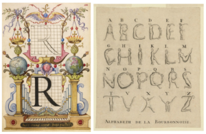 Left: Guide for Constructing the Letter R (Joris Hoefnagel, ca. 1595) /Right: Bourbonnoise Alphabet (Unknown, 1789)