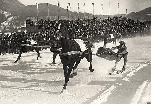 "Skijoring": people on skis pulled by a horse, dogs or a motor vehicle. Saint-Moritz, 1928.